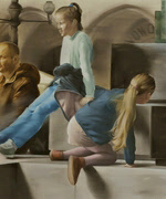children sitting on or climbing a plinth of statue