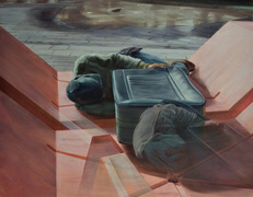 a homeless man holding old suitcase sleeps in open air