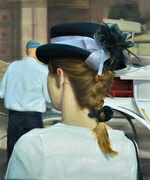 elegant woman wearing hat decorated with braid and hair tied with ribbon