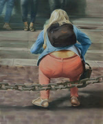 crouching woman tries to take a snapshot