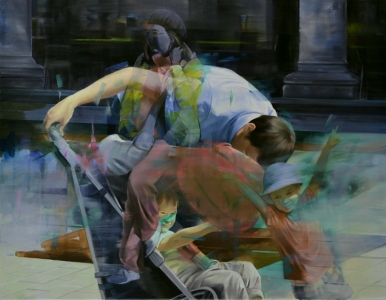 Father speaks to his son who sits in his pram and holds a balloon