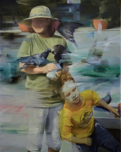 young girl and a boy enjoy their time while being swooped by pigeons