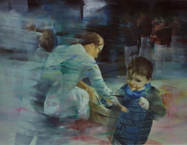 woman leans forward and stretches her hand, beside her a boy smiles wryly while raising his hand